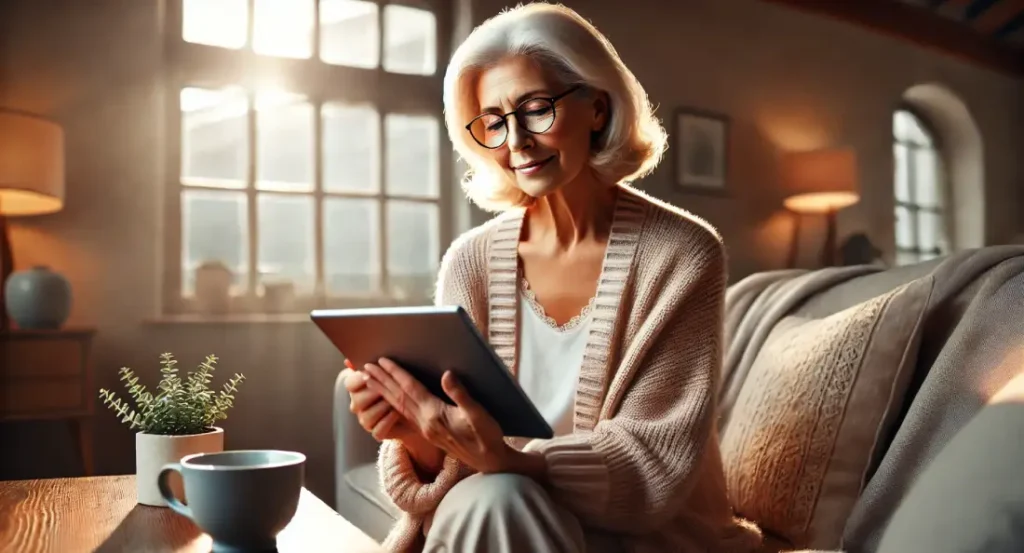 Senior assise confortablement dans un salon lumineux, regardant une tablette avec un sourire, entourée d'une ambiance chaleureuse et apaisante,e-seniorbi.e-seniorbienetre